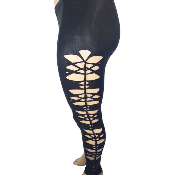 MIDNIGHT RADIANCE - 2XL/3XL - Wet Look Black Leggings with Intricate Side Cuts - Picture 1 of 6